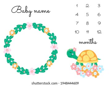 Custom baby monthly milestone  blanket with cute turtle. Vector illustration