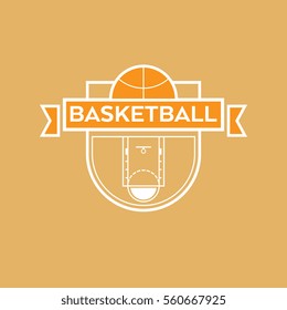 A custom basketball crest in vector format. This simple linework shield features a court, a ball, and a ribbon that you can customize with your own type.