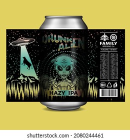 Custom Beer Label Design. Beer Label With the Night Sky With Stars, UFO spaceship, and Alien Holding Beer Glasses.