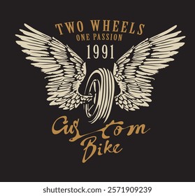 custom bike calligraphy slogan with wheel and wings graphic vector illustration