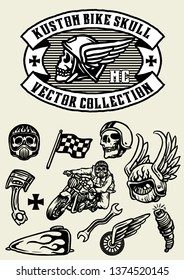 custom bike parts collection, skull biker and motorcycle vector pack, elements for logo,emblem, label, sign.