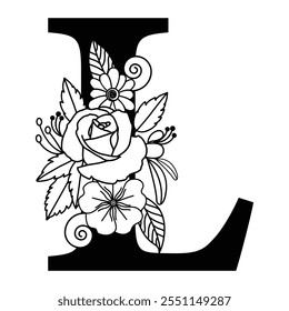 Custom Black and White Floral Letter L Monogram, Botanical Alphabet Family Signs, Typography Logo Illustration