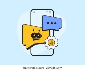 Custom Bots - AI agent chatbots customized for support, sales, marketing and business. Custom Machine Learning Model, Big Data AI Chat Bots. Vector isolated illustration on white background with icon