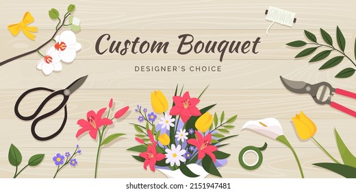 Custom bouquet arrangement and florist tools on a wooden table, promotional banner with copy space