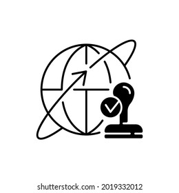 Custom broker black linear icon. Global distribution. International shipment. Importing and exporting goods. Trading deal for business. Outline symbol on white space. Vector isolated illustration