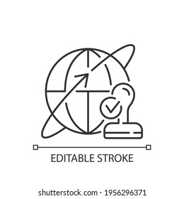 Custom broker linear icon. Global distribution. International shipment. Importing goods. Thin line customizable illustration. Contour symbol. Vector isolated outline drawing. Editable stroke