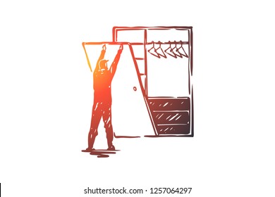 Custom, built-in, construction, work, create concept. Hand drawn man making cupboard concept sketch. Isolated vector illustration.