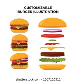 Custom Burger Illustration. Double Beef Burger Vector.