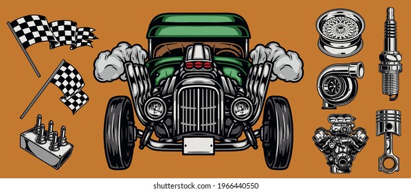 Custom car and auto parts concept with hot rod racing checkered flags spark plug piston wheel rim turbocharger engine lowrider suspension remote control isolated vector illustration