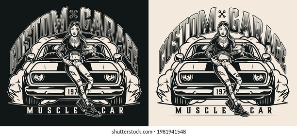 Custom car garage service logo with attractive tattooed woman holding wrench and standing near powerful muscle car in vintage monochrome style isolated vector illustration