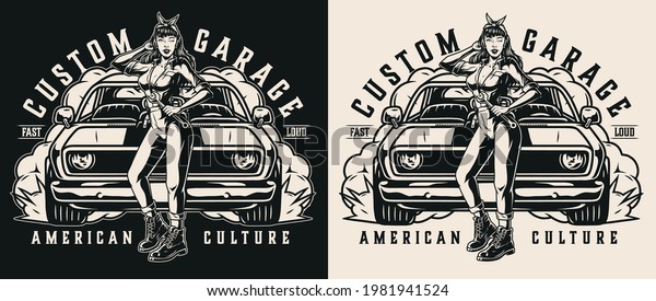 Custom car garage\
vintage monochrome print with letterings beautiful winking woman in\
mechanic uniform holding wrench and standing near muscle car\
isolated vector\
illustration