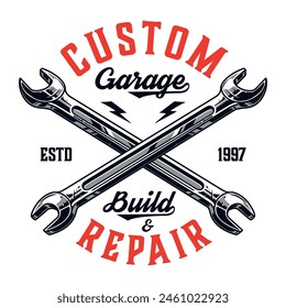 Custom car repair colorful vintage poster with two crossed wrenches for garage or driver room design vector illustration