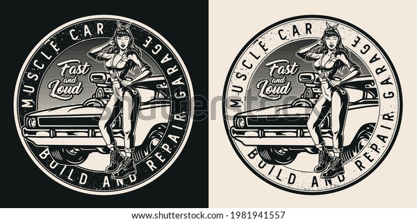 Custom car repair\
service round label with inscriptions pretty winking woman in\
mechanic uniform with wrench standing near american muscle car\
isolated vector\
illustration
