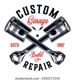 Custom car repair vintage poster colorful with pistons to speed up car with garage and build inscription vector illustration