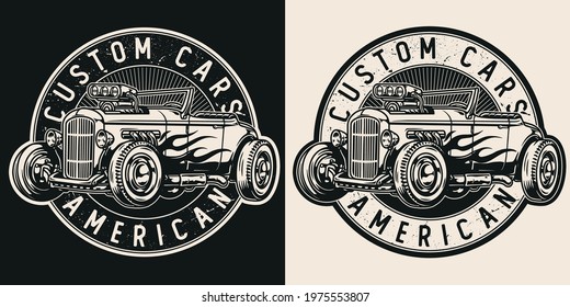 Custom car round vintage emblem with inscriptions american hot rod with flame decal in monochrome style isolated vector illustration