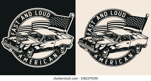 Custom car round vintage logotype with powerful retro automobile with flame decal and American flag on dark and light backgrounds isolated vector illustration