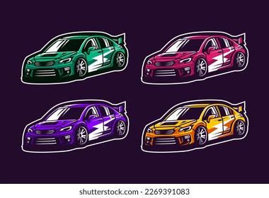 Custom car vector set collection with different colour, car icon, sticker, emblem, cartoon set