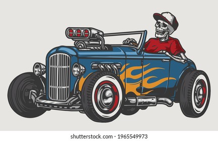 Custom car vintage colorful concept with skeleton in baseball cap driving hot rod with flame decal isolated vector illustration