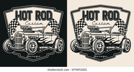 Custom car vintage label with american hot rod with flame decal and racing checkered flags in monochrome style isolated vector illustration