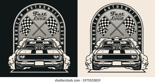 Custom car vintage label in monochrome style with american muscle car and crossed checkered race flags isolated vector illustration