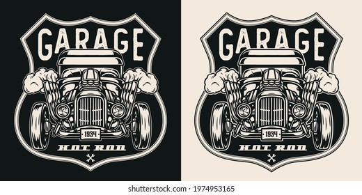 Custom car vintage monochrome print with american powerful hot rod isolated vector illustration