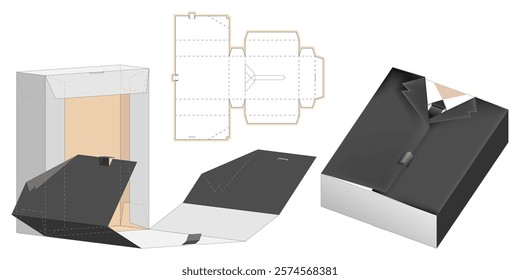 Custom Carry On Protective Box Design Self-Closing. Black Jacket and White Shirt with Tie, Package for Promotional Products. Folding Ready Tray  Retail Favor Die Cut Template. 