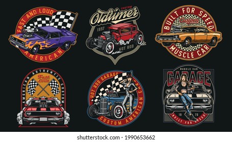 Custom cars colorful labels in vintage style with racing checkered flags pretty mechanic women with spanners hot rod and muscle cars isolated vector illustration