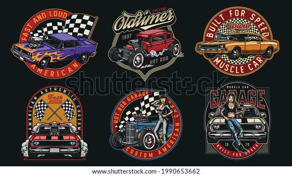 Custom cars colorful labels\
in vintage style with racing checkered flags pretty mechanic women\
with spanners hot rod and muscle cars isolated vector\
illustration