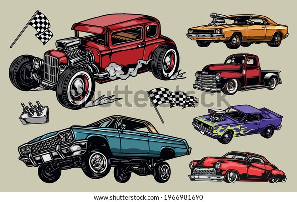 Custom cars colorful vintage composition\
with classic retro car pickup truck hot rod lowrider muscle\
automobiles checkered flags low rider suspension remote control\
isolated vector\
illustration