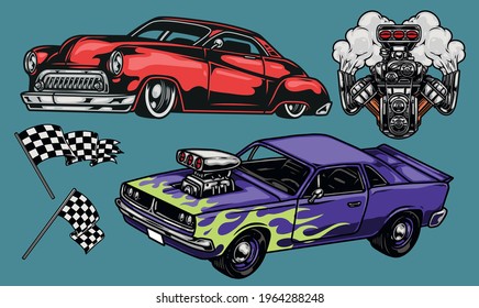 Custom cars colorful vintage concept with classic retro and muscle automobiles racing checkered flags hot rod engine isolated vector illustration