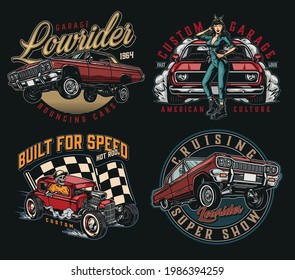 Custom cars colorful vintage labels with lowrider and muscle cars checkered race flag skeleton driving hot rod pretty winking woman in mechanic uniform holding spanner isolated vector illustration