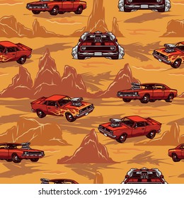 Custom cars colorful vintage seamless pattern with powerful muscle cars on desert mountains background vector illustration