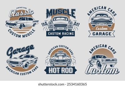 Custom cars. Emblems with muscle cars customizing service mechanic workers recent vector stylized logos set