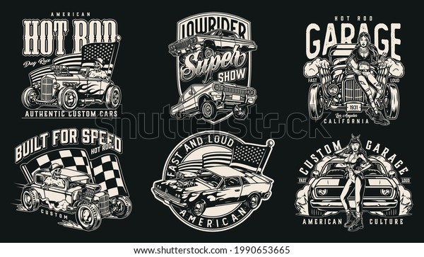 Custom cars monochrome vintage emblems with\
lowrider and muscle cars attractive women with wrenches skeleton\
driving hot rod checkered race and American flags isolated vector\
illustration