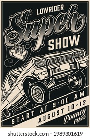 Custom cars motor show vintage poster in monochrome style with lowrider car and remote control of bouncing automobile suspension vector illustration