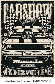 Custom cars motor show vintage monochrome poster with powerful muscle car and checkered race flags vector illustration