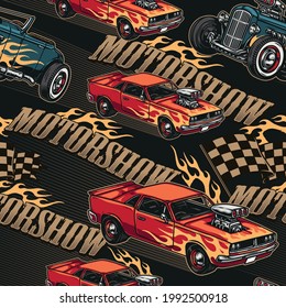 Custom cars motorshow colorful seamless pattern with inscriptions racing checkered flags powerful hot rod and muscle cars with flame decals vector illustration