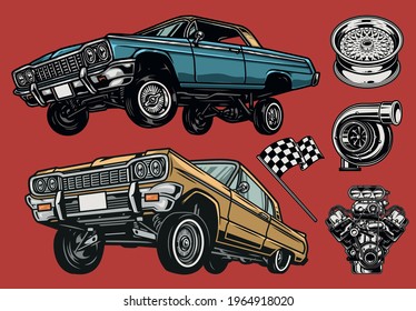 Custom cars and parts colorful concept with lowrider cars racing checkered flag wheel rim turbocharger and engine isolated vector illustration svg