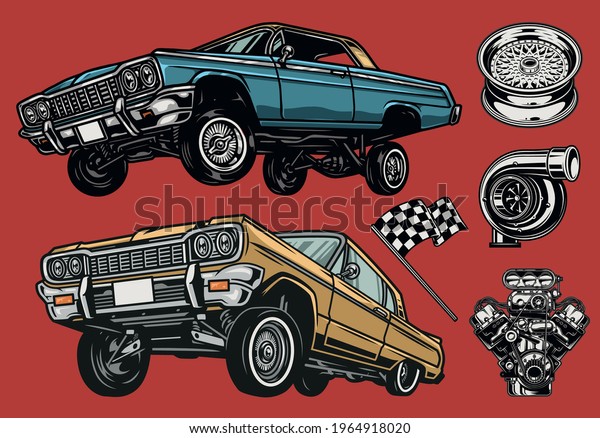 Custom cars and parts colorful concept with\
lowrider cars racing checkered flag wheel rim turbocharger and\
engine isolated vector\
illustration