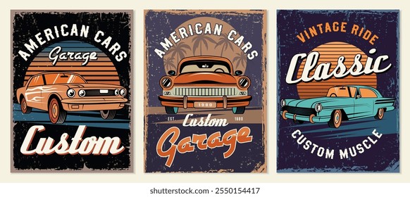 Custom cars posters. Retro placard with muscle cars and customizing design vehicles recent vector template with place for personal text