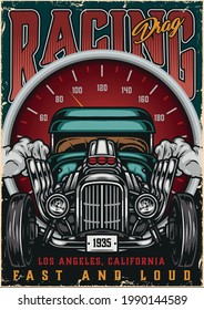 Custom cars racing vintage colorful poster with hot rod and big speedometer vector illustration