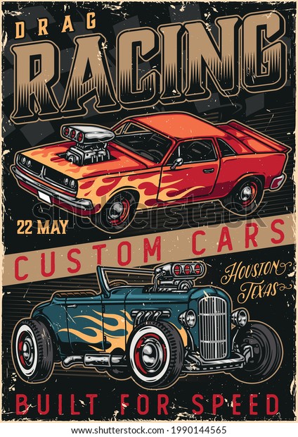 Custom cars racing vintage colorful poster\
with powerful american muscle and hot rod cars with flame decals\
vector illustration