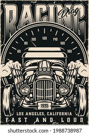 Custom cars racing vintage monochrome poster with hot rod and big speedometer vector illustration