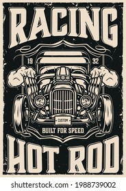 Custom cars racing vintage poster in monochrome style with inscriptions and hot rod vector illustration - Shutterstock ID 1988739002
