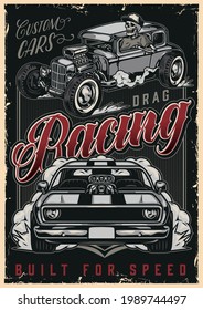 Custom cars racing vintage poster with powerful muscle car and skeleton in baseball cap driving hot rod vector illustration