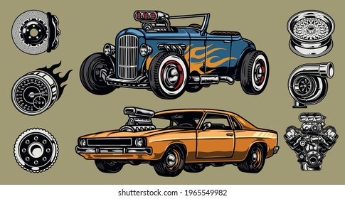 Custom cars repair service concept with hot rod muscle car disc brake gear speedometer wheel rim engine turbocharger in vintage style isolated vector illustration