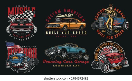 Custom cars vintage colorful badges with muscle and lowrider cars skeleton driving hot rod checkered race and American flags pretty winking woman with spanner isolated vector illustration