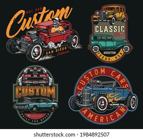 Custom cars vintage colorful designs with classic retro automobiles muscle cars skeleton in baseball cap driving hot rod isolated vector illustration