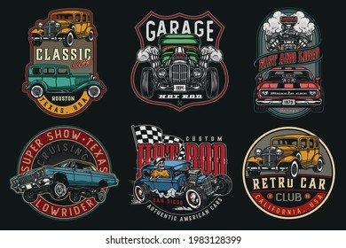 Custom cars vintage colorful labels with classic retro automobiles muscle and lowrider cars turbo engine checkered race flag skeleton in baseball cap driving hot rod isolated vector illustration