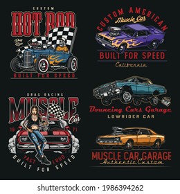 Custom cars vintage colorful labels with muscle and lowrider cars skeleton in baseball cap driving hot rod pretty tattooed woman holding racing checkered flag isolated vector illustration